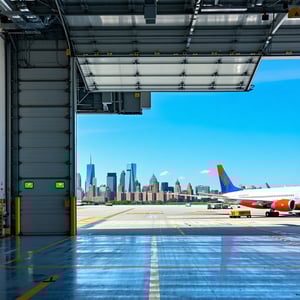 The image depicts an airport area in an urban setting with a backdrop of the New York City skyline The scene is vibrant with clear blue skies overhead and the energy of a busy day in the aviation industry you can see overhead doors high speed doors a-1